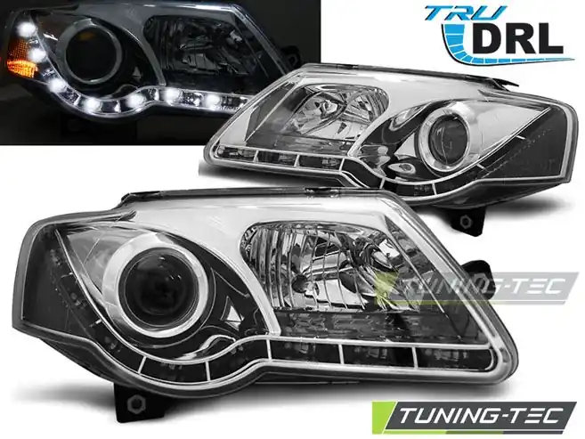 Přední světla VW Passat B6 3C 03/05-10 TRUE DRL chrom Vrácení Zdarma